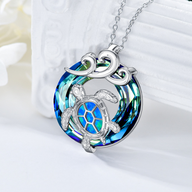 Sterling Silver Circular Shaped Crystal Sea Turtle & Spray Pendant Necklace-3