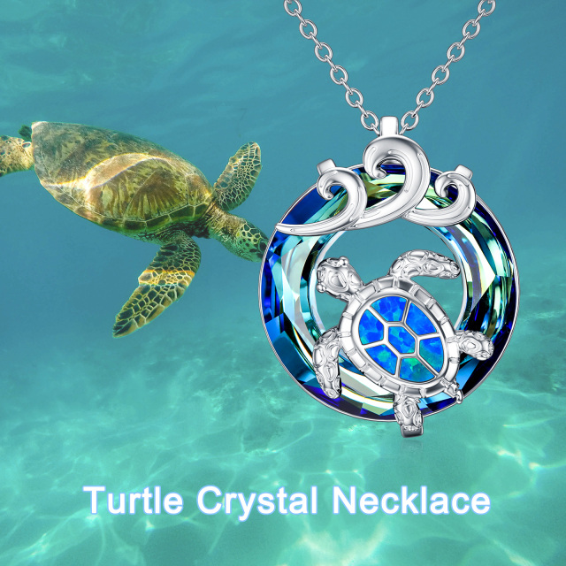 Sterling Silver Circular Shaped Crystal Sea Turtle & Spray Pendant Necklace-2
