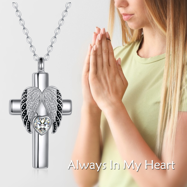 Sterling Silver Heart Zircon Angel Wings Urn Necklace for Ashes-6