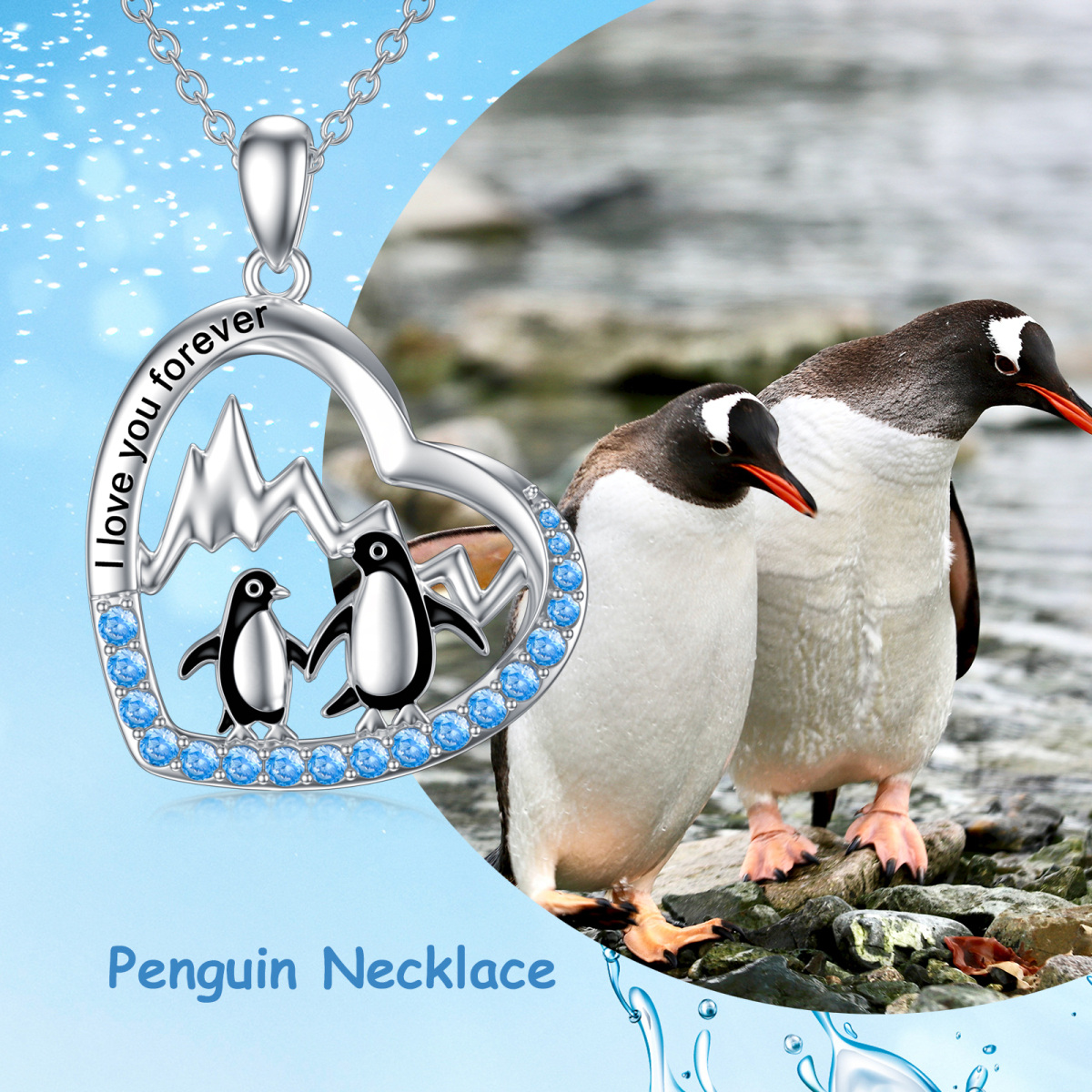 Sterling Silver Two-tone Circular Shaped Cubic Zirconia Penguin & Heart Pendant Necklace with Engraved Word-6