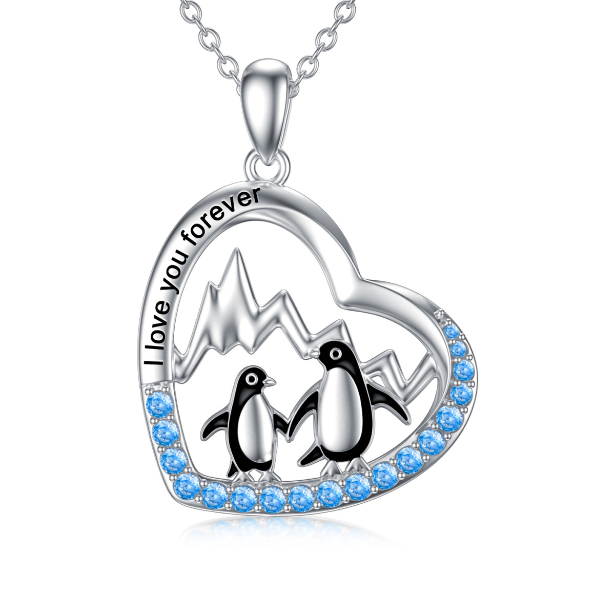 Sterling Silver Two-tone Circular Shaped Cubic Zirconia Penguin & Heart Pendant Necklace with Engraved Word-1