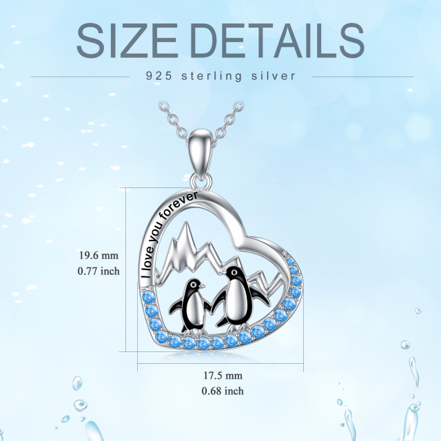 Sterling Silver Two-tone Circular Shaped Cubic Zirconia Penguin & Heart Pendant Necklace with Engraved Word-4