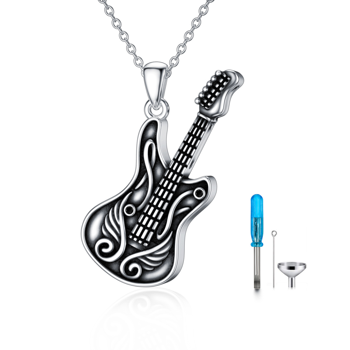 Sterling Silver Black Guitar & Angel Wing Urn Necklace for Ashes-1