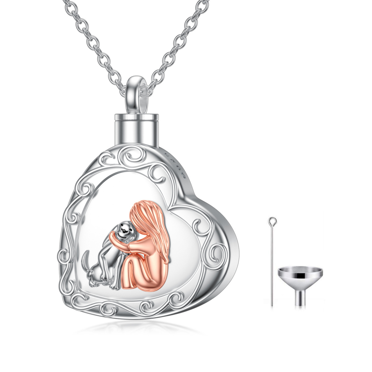 Sterling Silver Heart Dog & Heart Urn Necklace for Ashes with Engraved Word-1