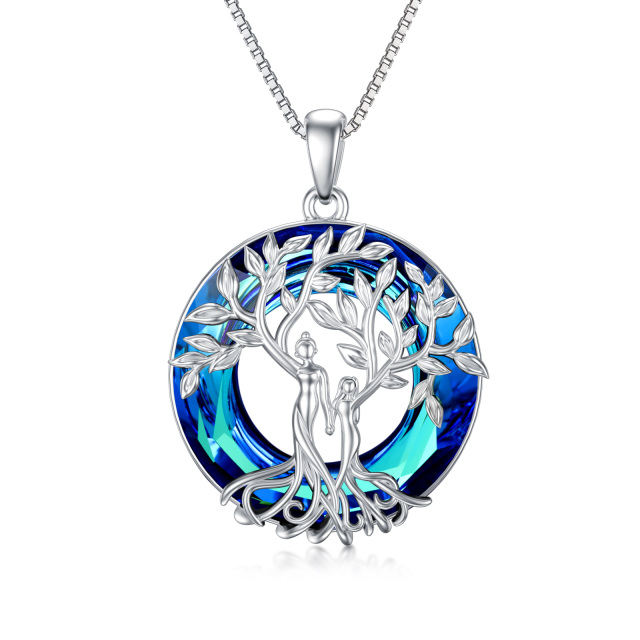 Sterling Silver Circular Shaped Sisters Tree Of Life Crystal Pendant Necklace-0