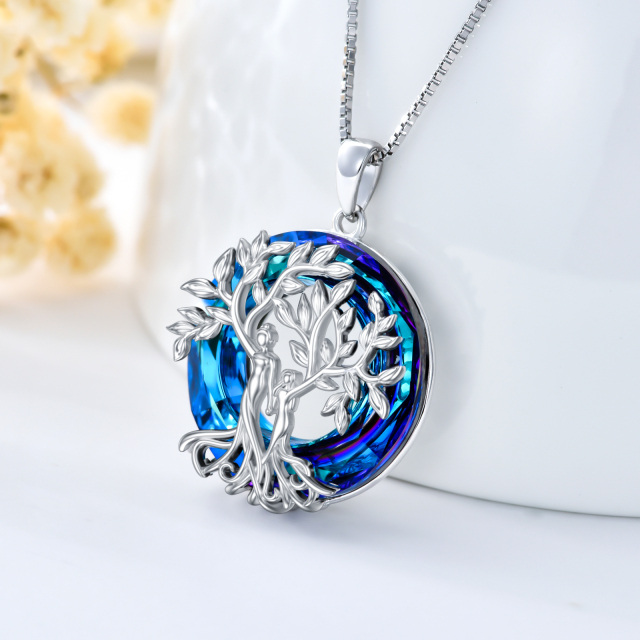 Sterling Silver Circular Shaped Sisters Tree Of Life Crystal Pendant Necklace-3
