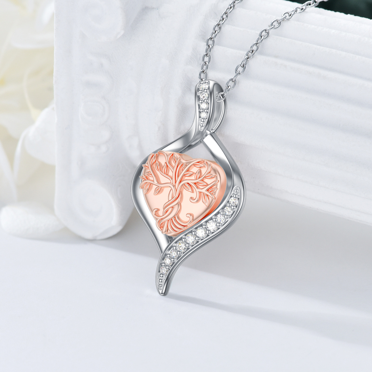 Sterling Silver Cubic Zirconia Tree Of Life Urn Necklace for Ashes-4