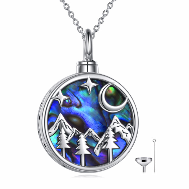 Sterling Silver Round Abalone Shellfish Moon & Mountains Urn Necklace for Ashes with Engraved Word-4