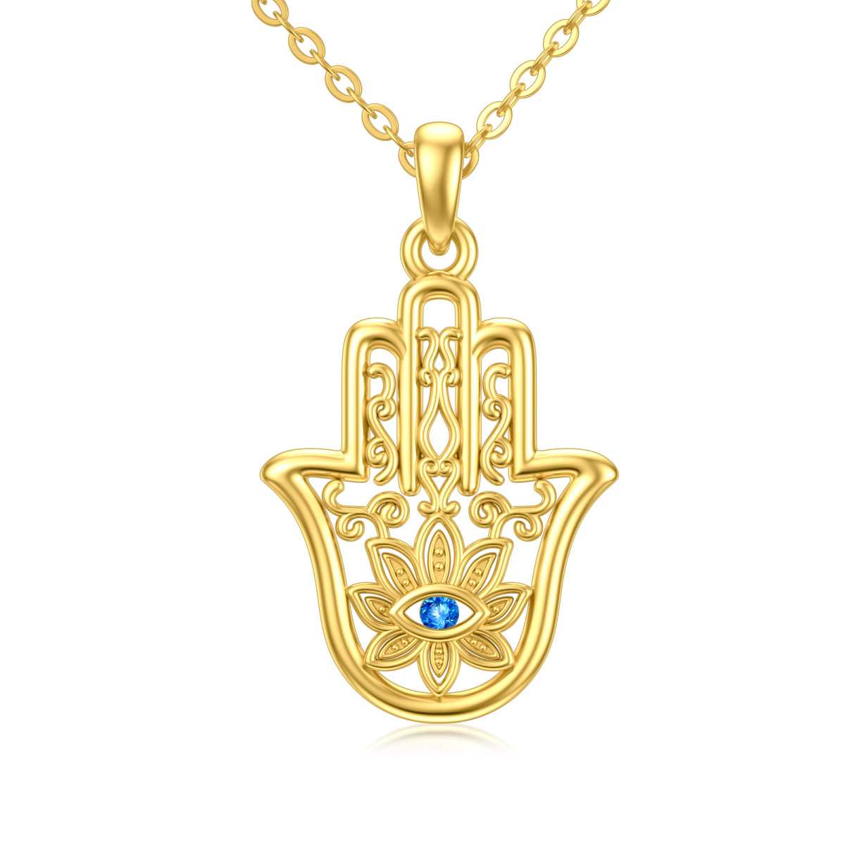 Collier en or 14K à zircon cubique avec pendentif Oeil maléfique et main Hamsa-1