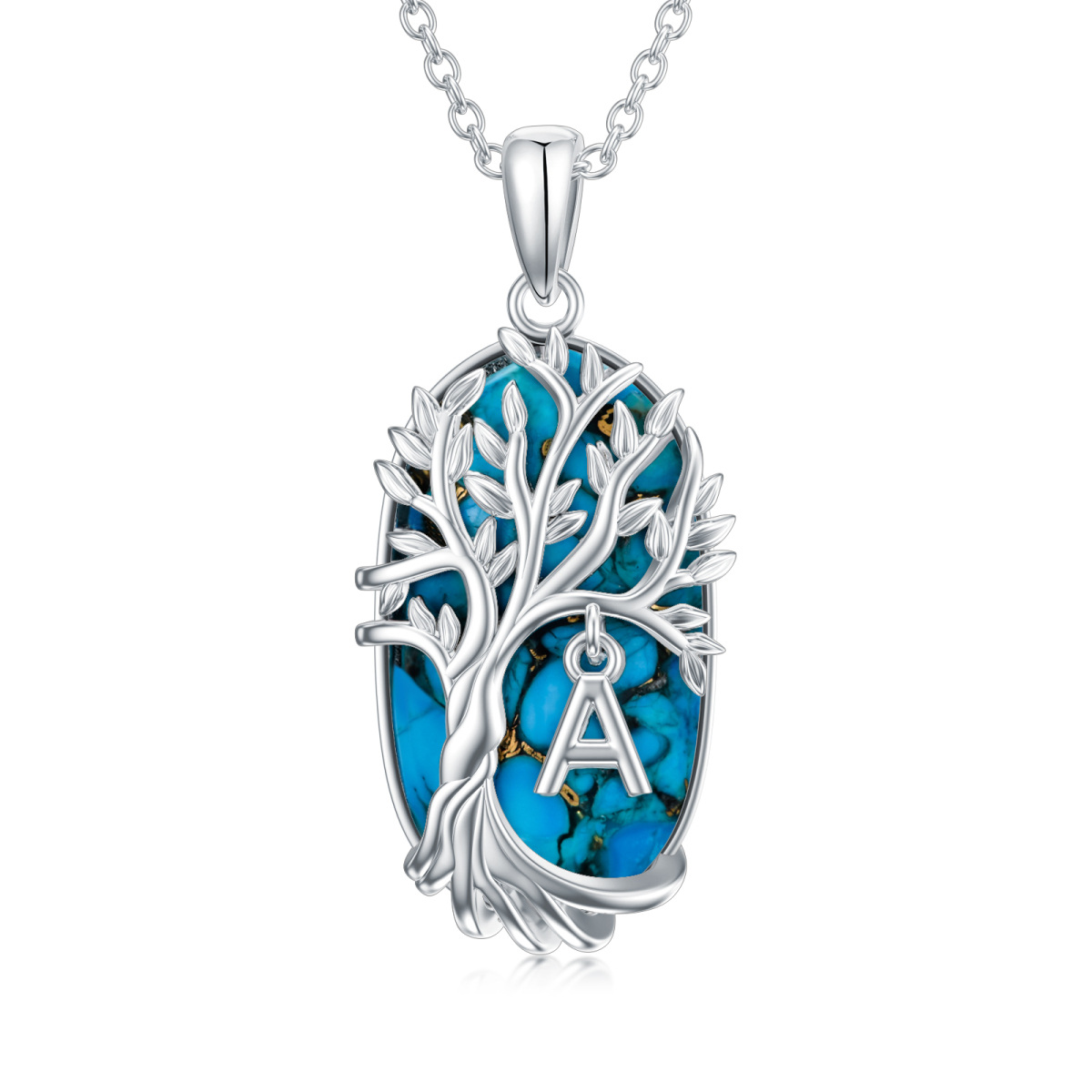 Sterling Silver Oval Shaped Turquoise Tree Of Life Pendant Necklace with Initial Letter A-1