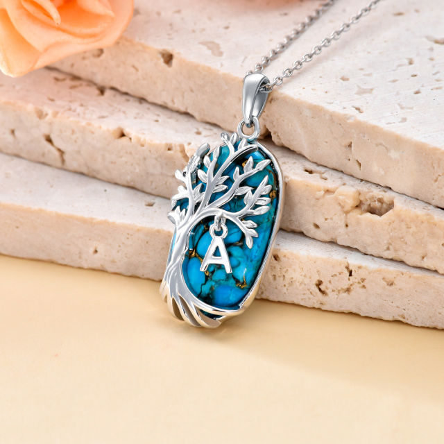 Sterling Silver Oval Shaped Turquoise Tree Of Life Pendant Necklace with Initial Letter A-2