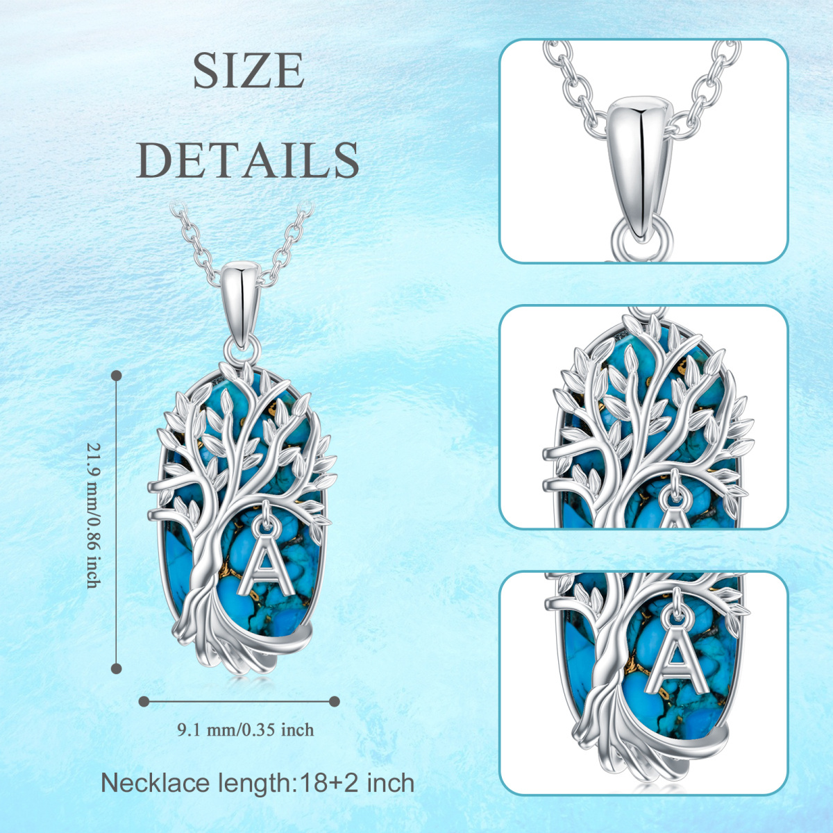 Collier en argent sterling avec pendentif Turquoise ovale arbre de vie et lettre initiale-5