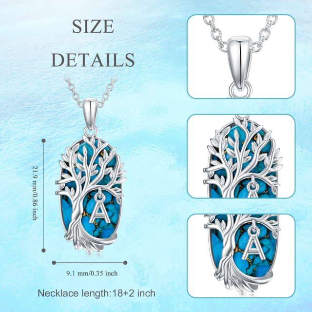 Sterling Silver Oval Shaped Turquoise Tree Of Life Pendant Necklace with Initial Letter A-4