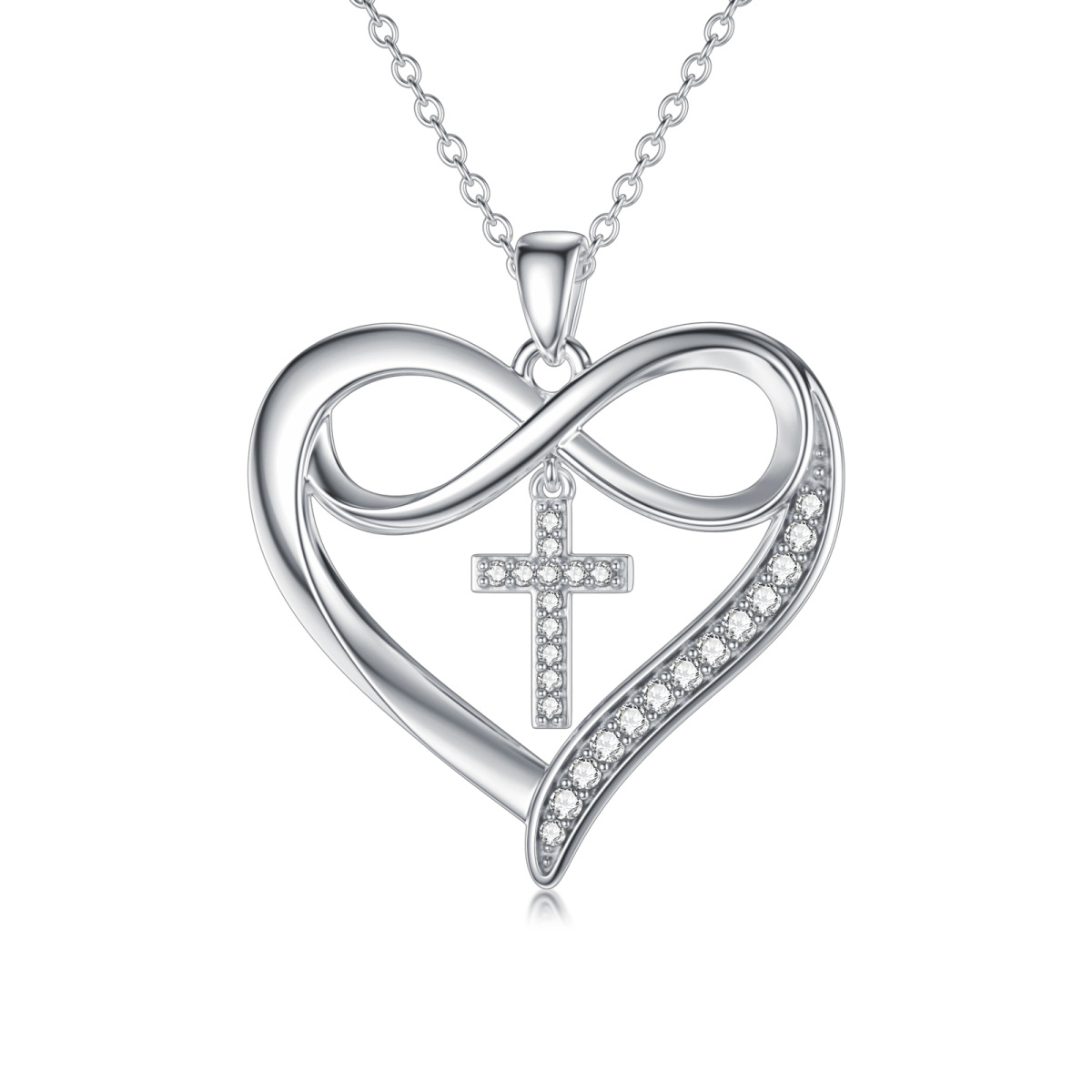 Sterling Silver Circular Shaped Moissanite Cross & Heart Pendant Necklace-1