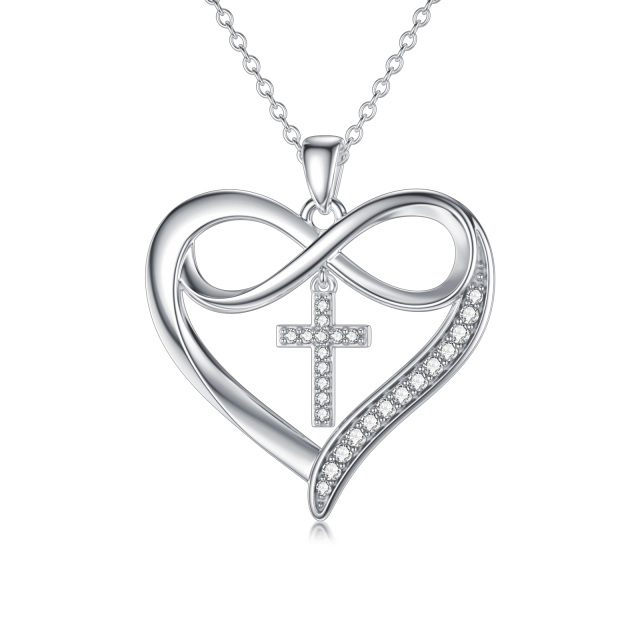 Collar de plata de ley con moissanita circular en forma de cruz y colgante de corazón-0