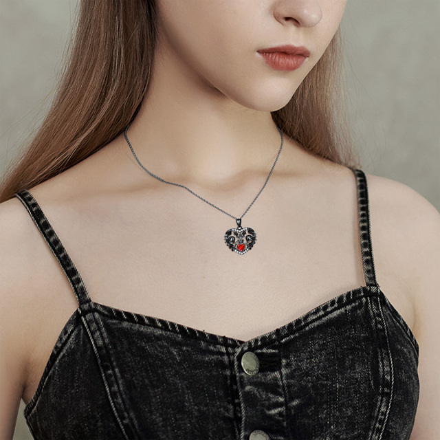 Sterling Silver with Black Rhodium Heart Shaped Zircon Bat & Cat & Rose & Skull Pendant Necklace-4