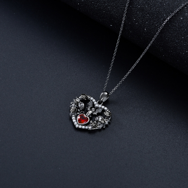 Sterling Silver with Black Rhodium Heart Shaped Zircon Bat & Cat & Rose & Skull Pendant Necklace-6