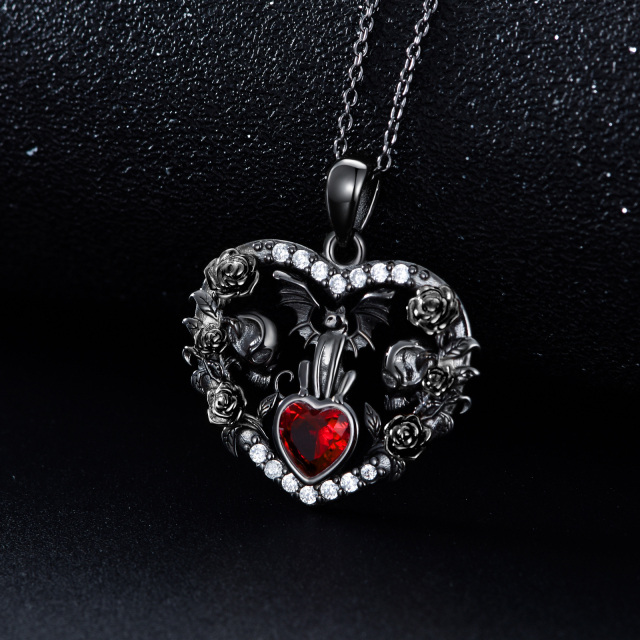 Sterling Silver with Black Rhodium Heart Shaped Zircon Bat & Cat & Rose & Skull Pendant Necklace-5