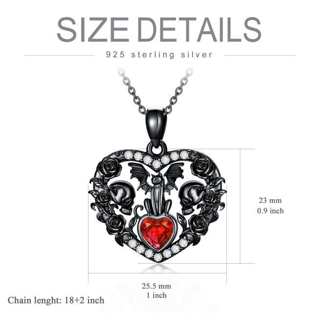 Sterling Silver with Black Rhodium Heart Shaped Zircon Bat & Cat & Rose & Skull Pendant Necklace-2