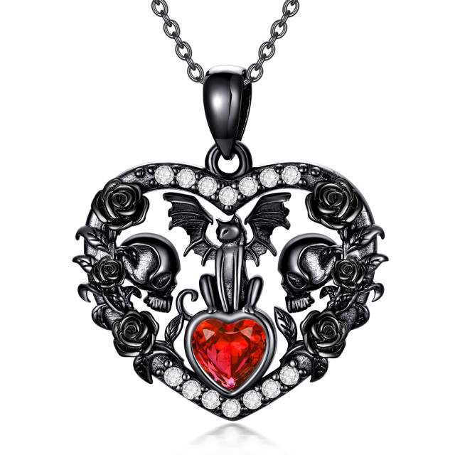 Sterling Silver with Black Rhodium Heart Shaped Zircon Bat & Cat & Rose & Skull Pendant Necklace-1