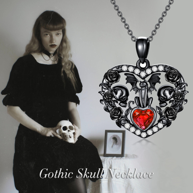 Sterling Silver with Black Rhodium Heart Shaped Zircon Bat & Cat & Rose & Skull Pendant Necklace-3