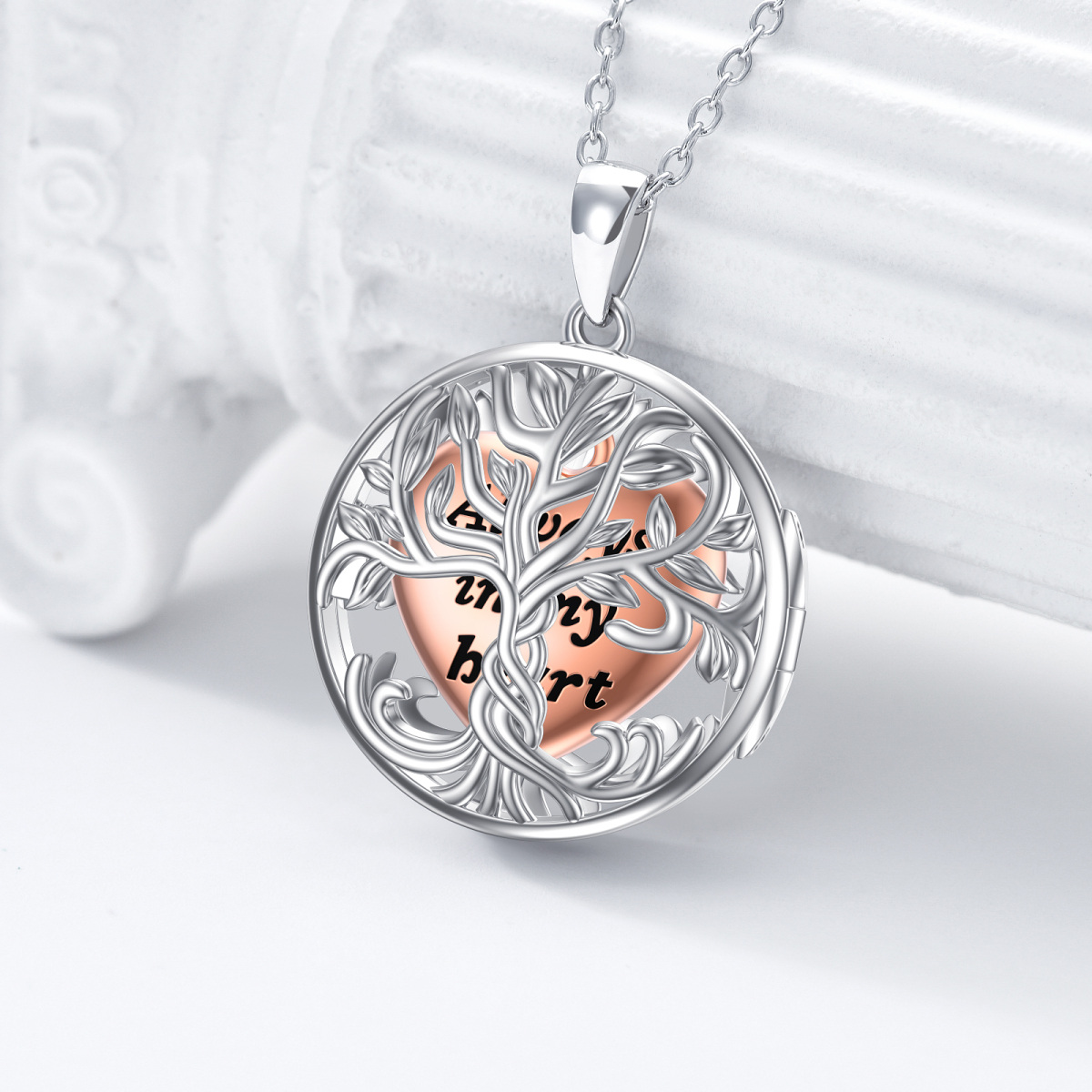 Sterling Silver Two-tone Tree Of Life & Heart Urn Necklace for Ashes with Engraved Word-3