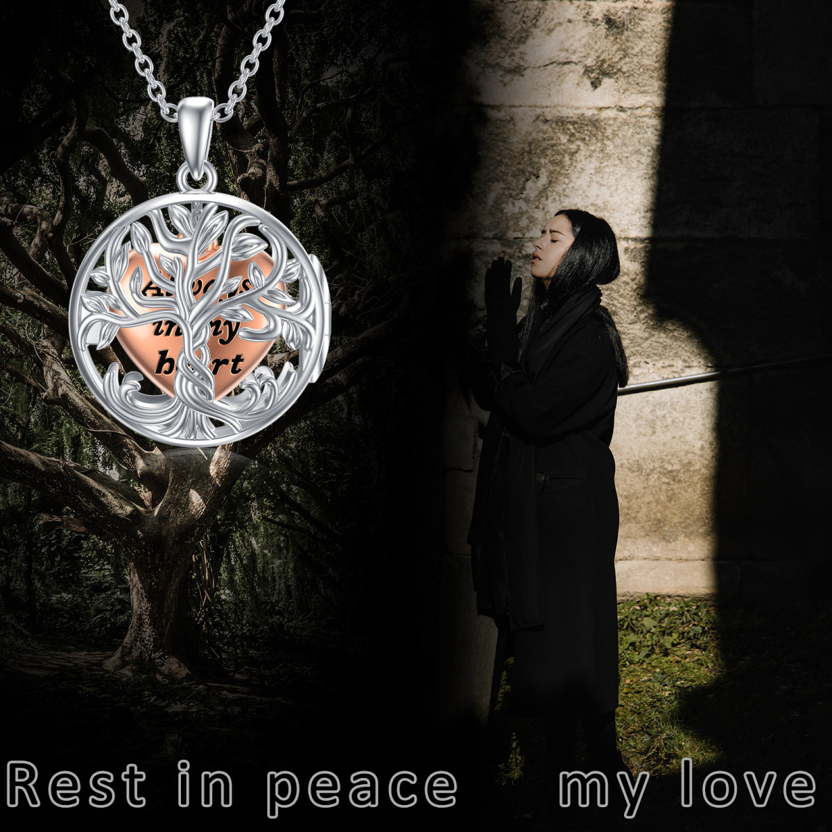 Sterling Silver Two-tone Tree Of Life & Heart Urn Necklace for Ashes with Engraved Word-5