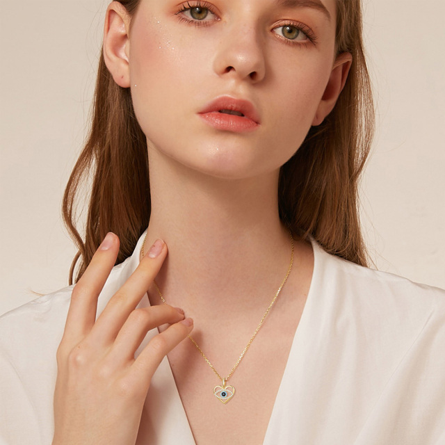 Collier en or 14K avec pendentif œil maléfique et cœur en zircon cubique-1