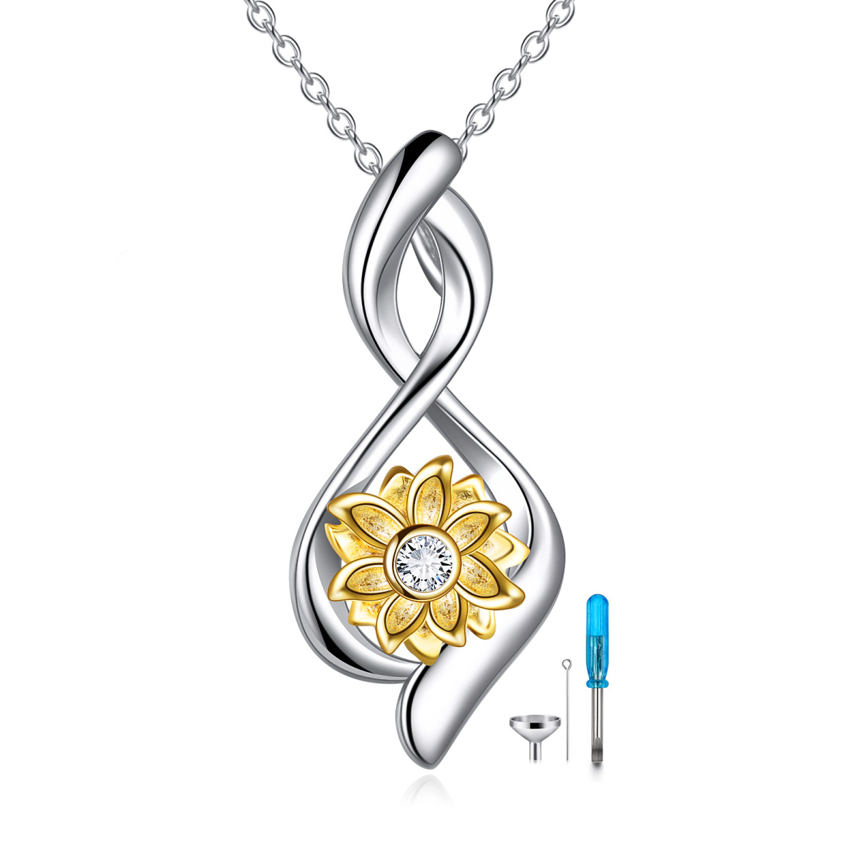 Collier d'urne de tournesol bicolore en argent sterling avec symbole de l'infini pour cendres-1