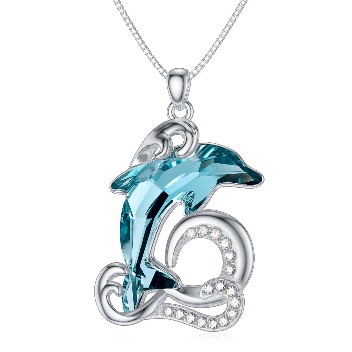 Sterling Silver Cubic Zirconia Dolphin Pendant Necklace-1