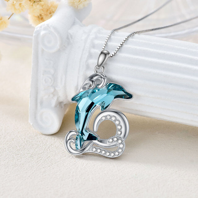 Sterling Silver Cubic Zirconia Dolphin Pendant Necklace-3