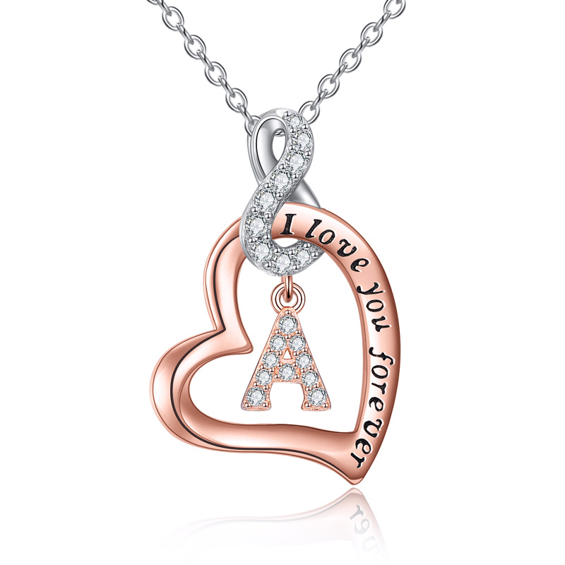 Sterling Silver Two-tone Circular Shaped Cubic Zirconia Personalized Initial Letter Pendant Necklace with Engraved Word
