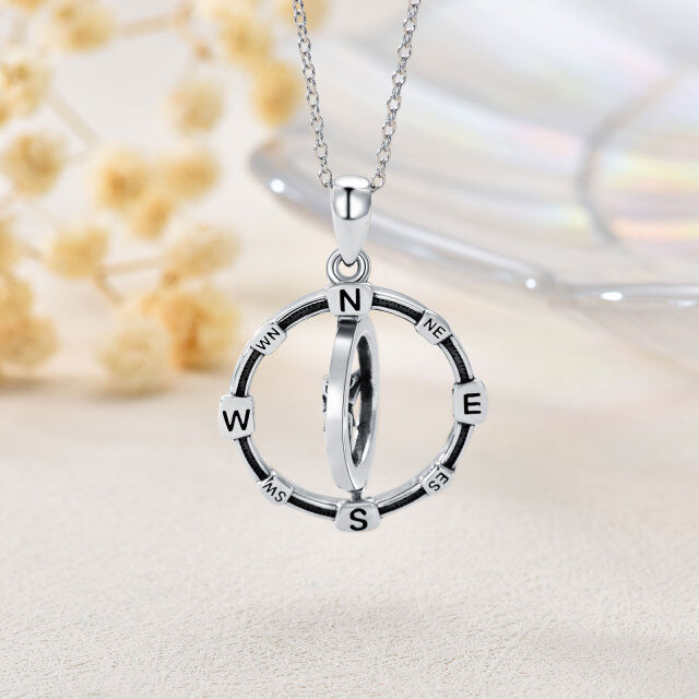 Sterling Silver Round Cubic Zirconia Compass Pendant Necklace-4