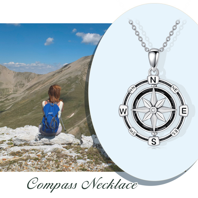 Sterling Silver Round Cubic Zirconia Compass Pendant Necklace-2