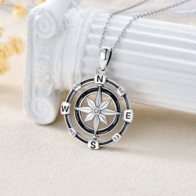 Sterling Silver Round Cubic Zirconia Compass Pendant Necklace-3
