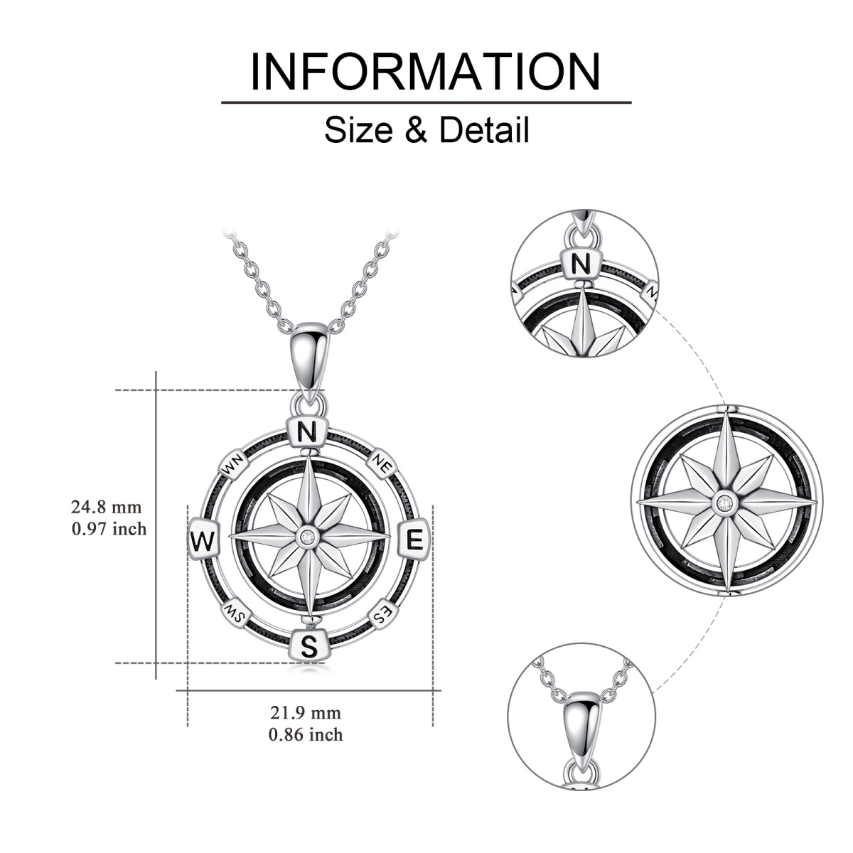 Sterling Silver Round Cubic Zirconia Compass Pendant Necklace-6