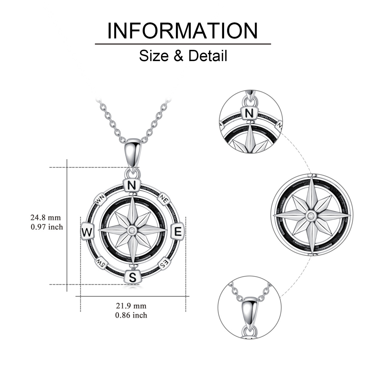 Collier en argent sterling avec pendentif boussole en zircone cubique ronde-6