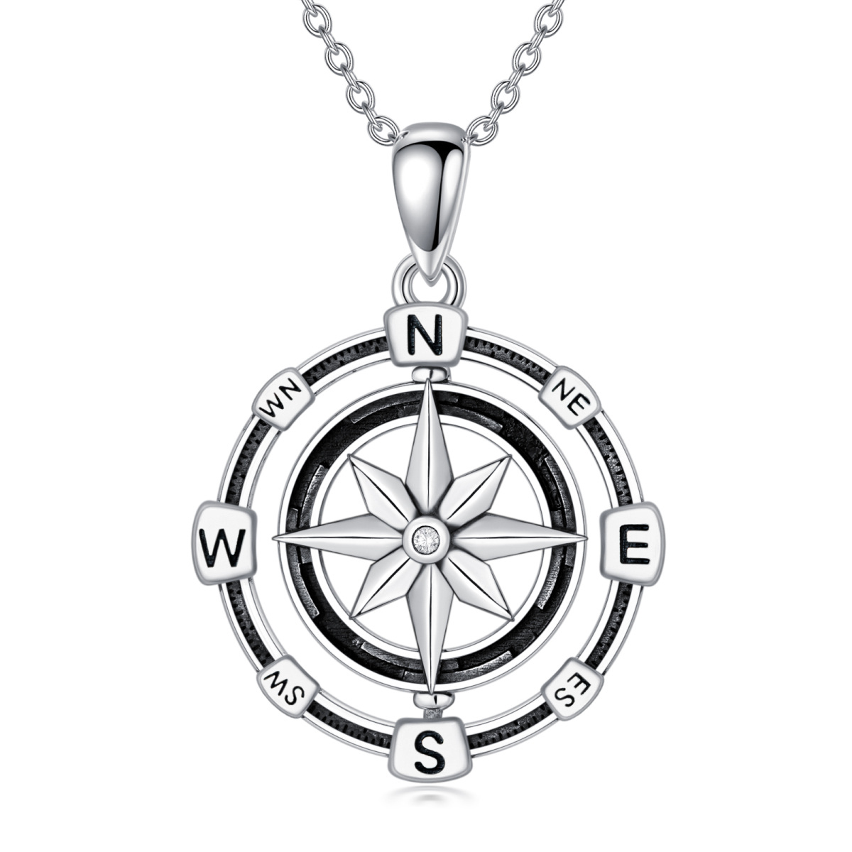 Sterling Silver Round Cubic Zirconia Compass Pendant Necklace-1