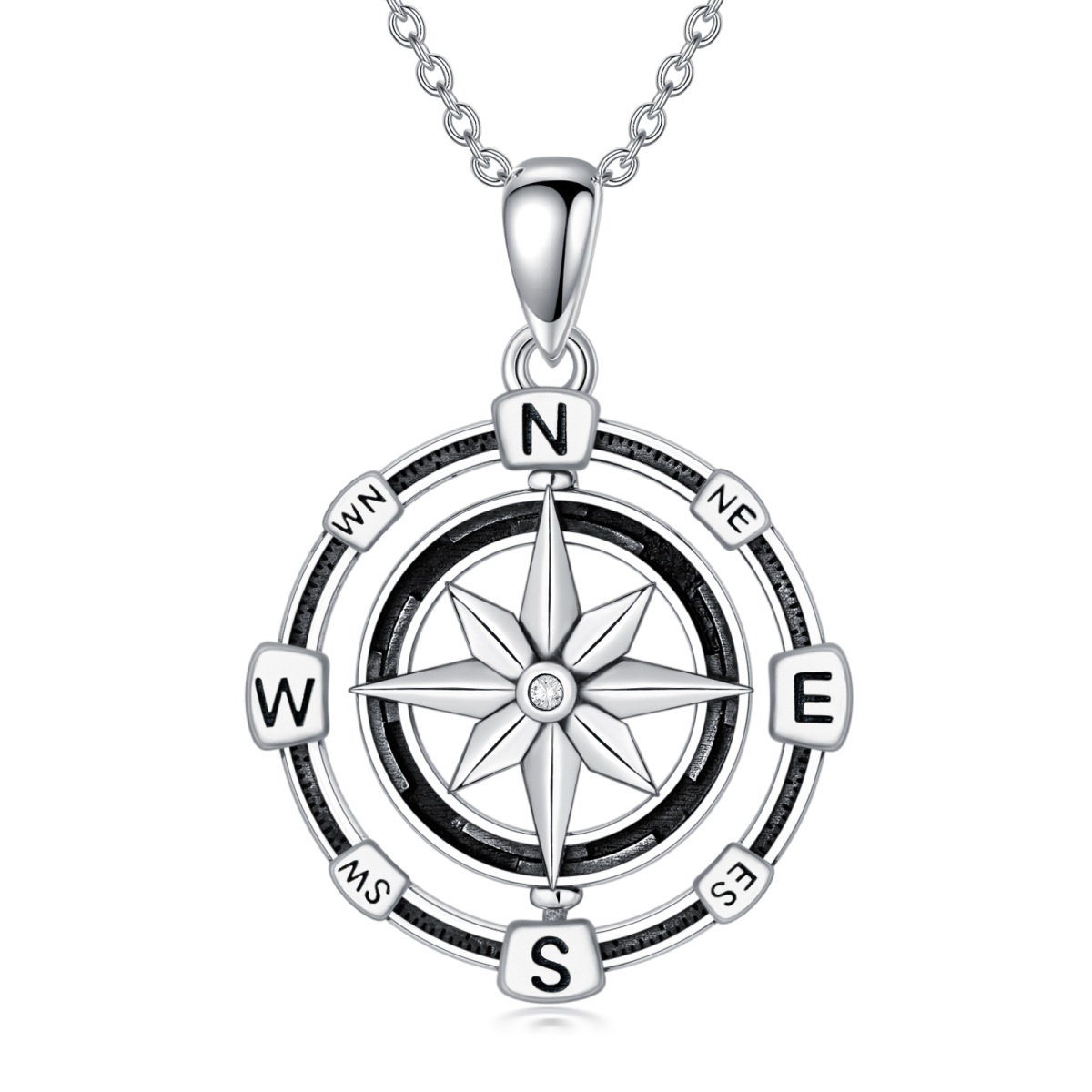 Collier en argent sterling avec pendentif boussole en zircone cubique ronde-1