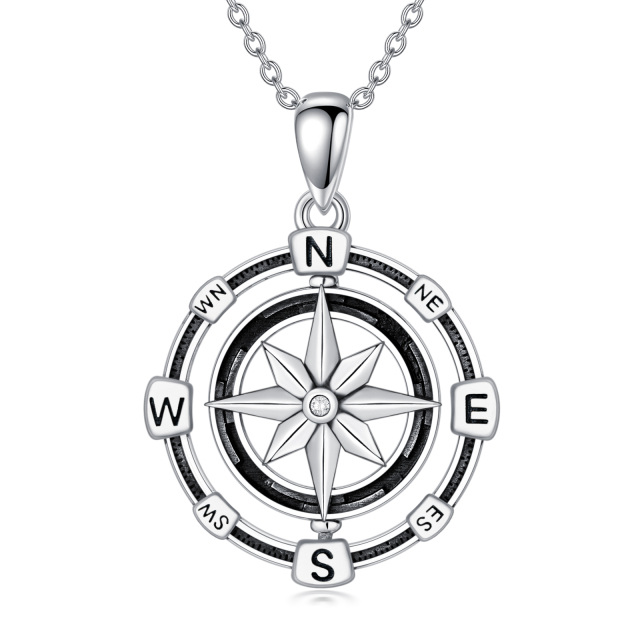 Sterling Silver Round Cubic Zirconia Compass Pendant Necklace-0