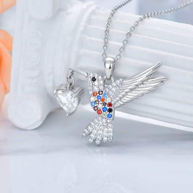 Sterling Silver Round Moissanite Hummingbird & Heart Pendant Necklace-2