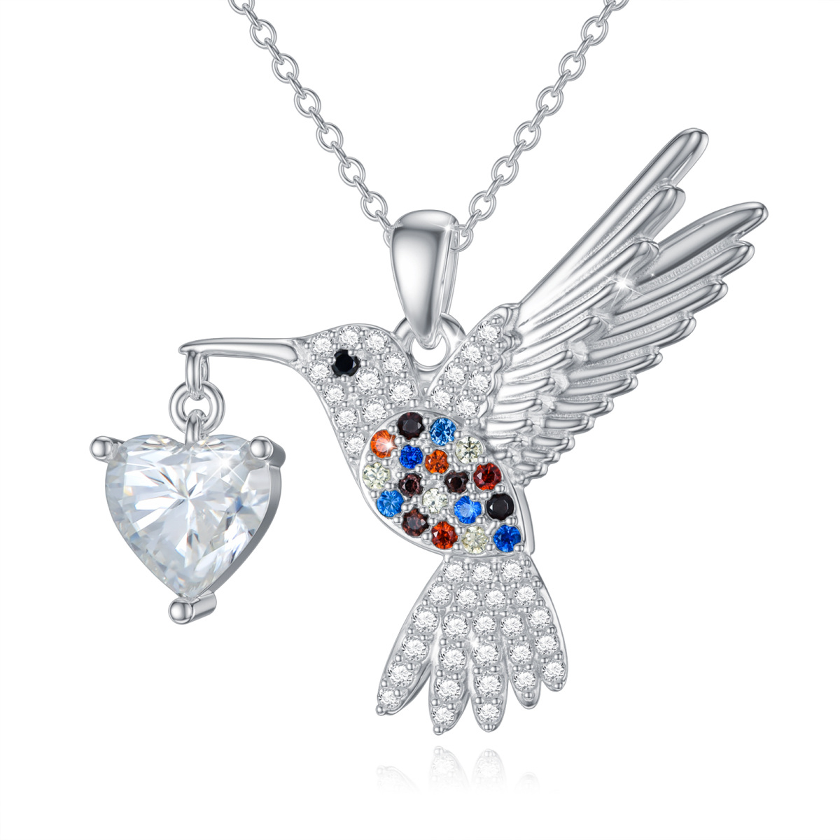 Sterling Silver Round Moissanite Hummingbird & Heart Pendant Necklace-1