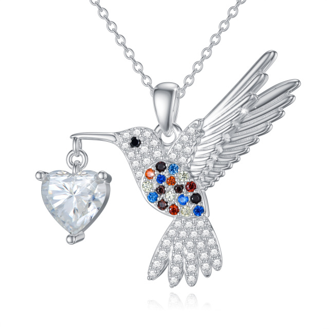 Sterling Silver Round Moissanite Hummingbird & Heart Pendant Necklace-0