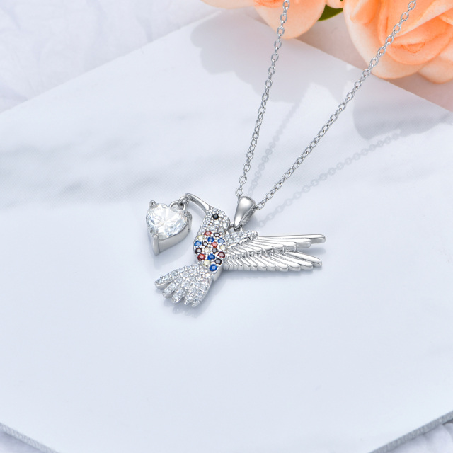 Sterling Silver Round Moissanite Hummingbird & Heart Pendant Necklace-3