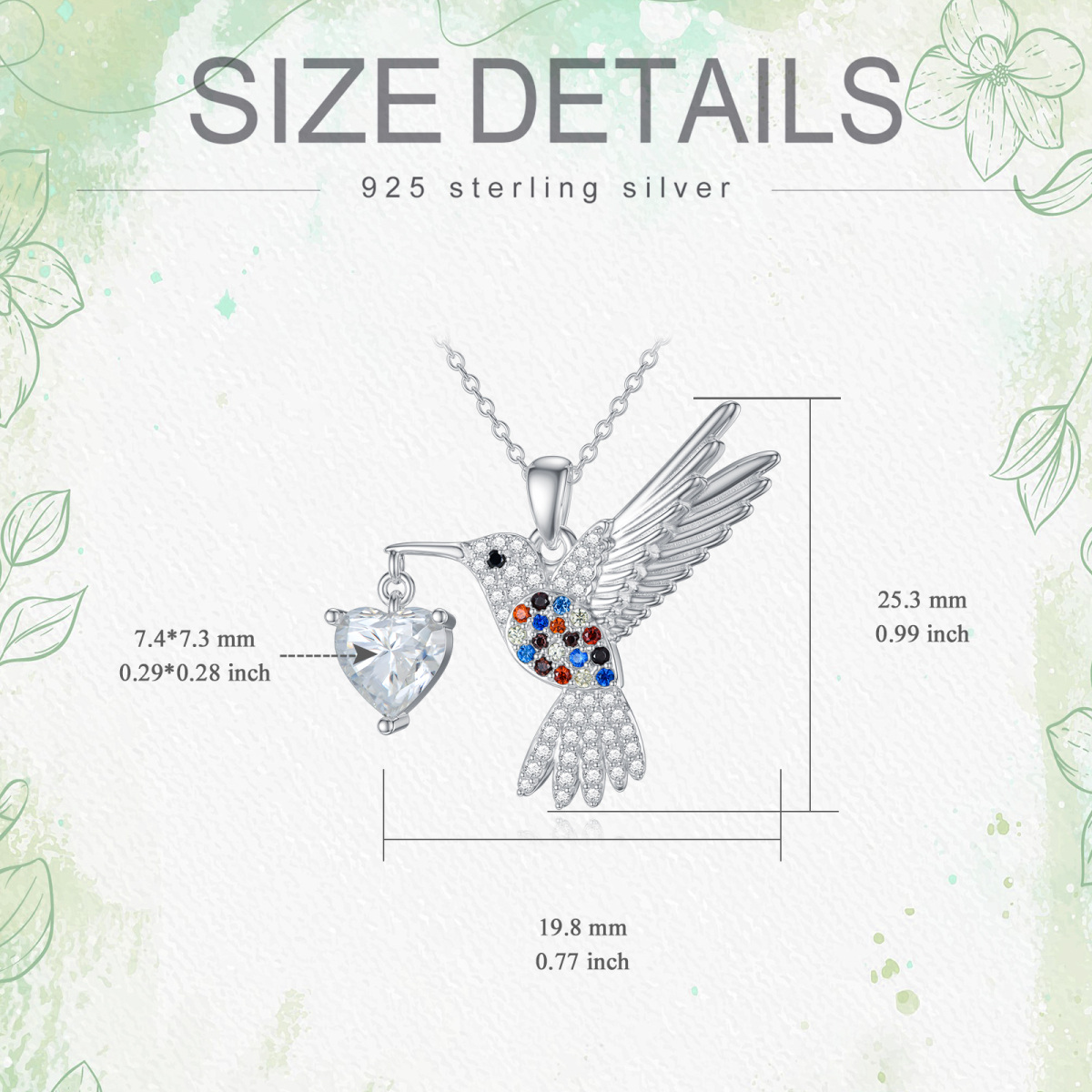 Collar colgante de plata de ley con moissanita redonda, colibrí y corazón-5