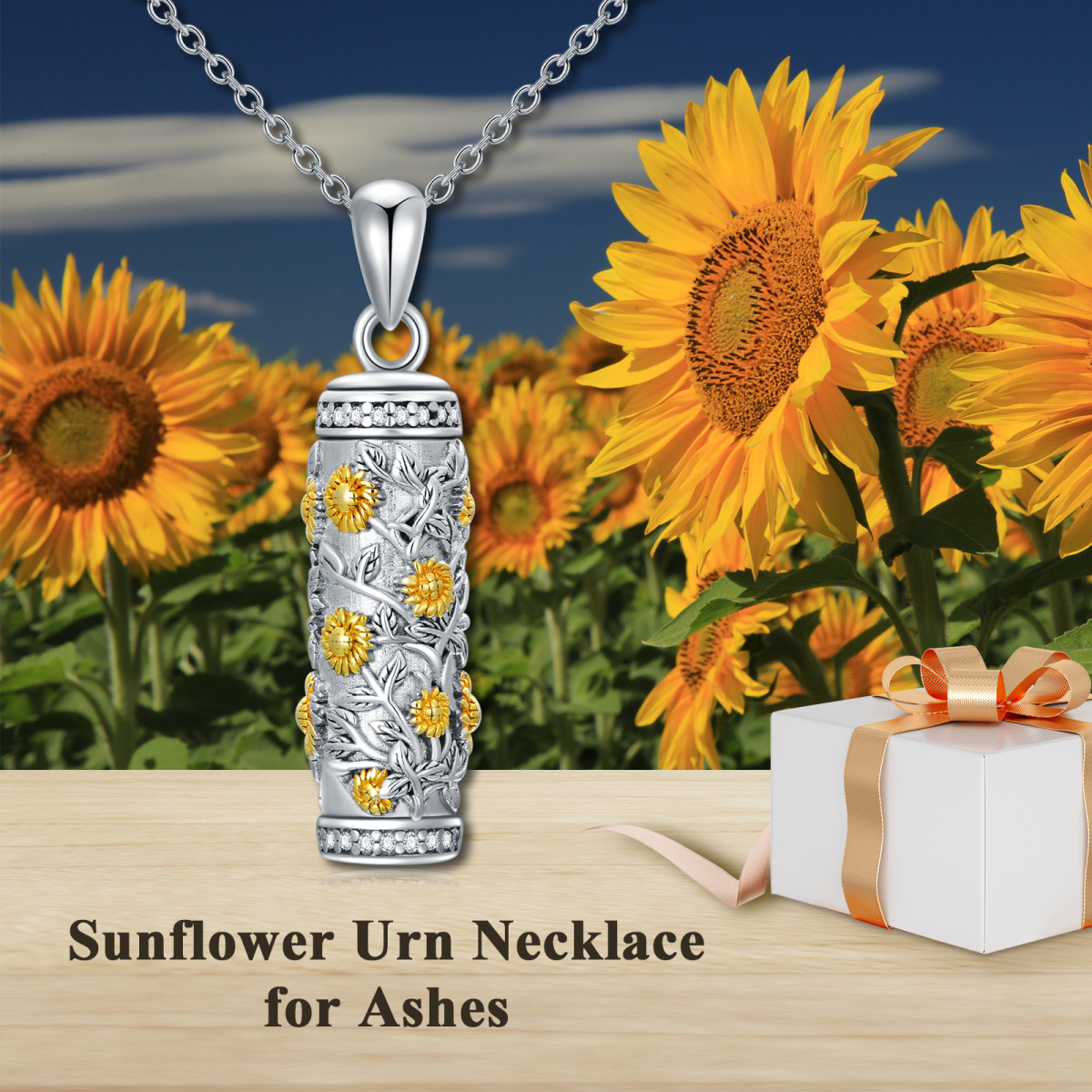 Sterling Silver Two-tone Sunflower Cylindrical Urn Necklace for Ashes-7