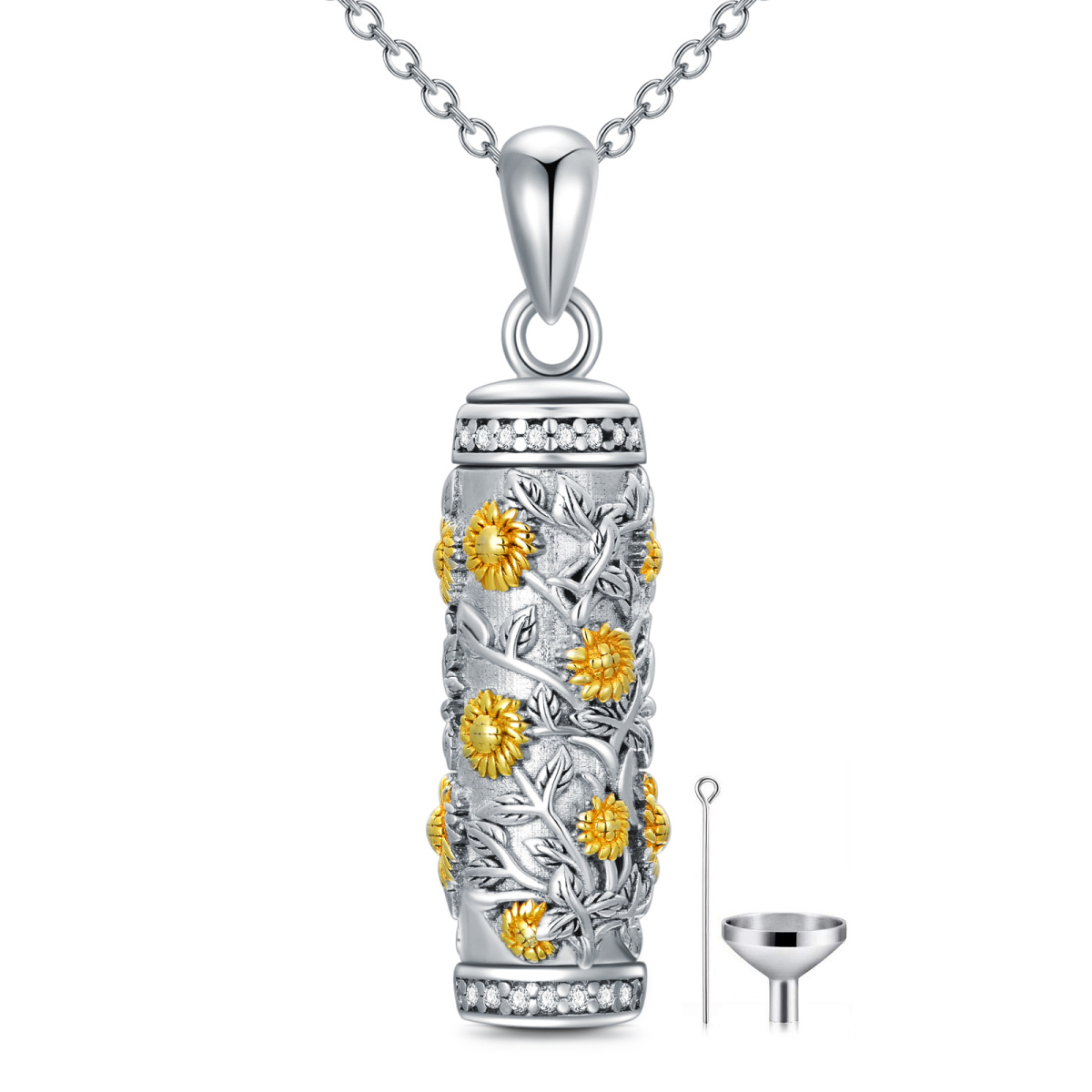Sterling Silver Two-tone Sunflower Cylindrical Urn Necklace for Ashes-1