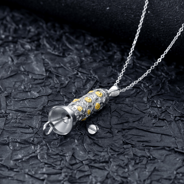 Sterling Silver Two-tone Sunflower Cylindrical Urn Necklace for Ashes-2