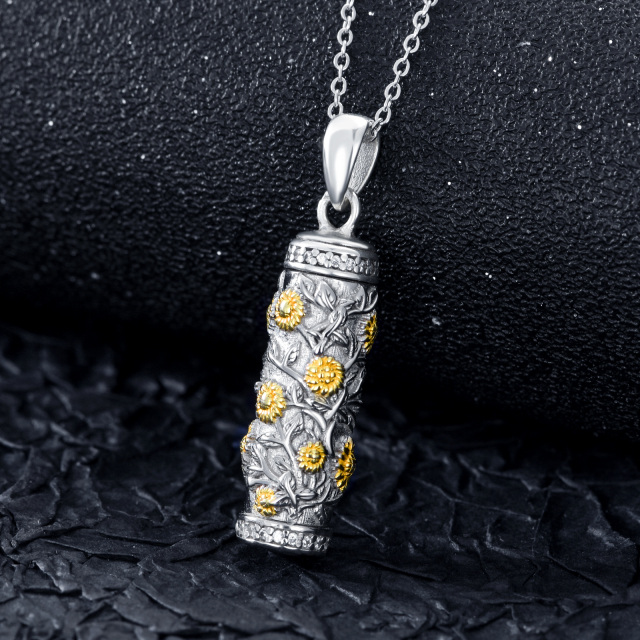 Sterling Silver Two-tone Sunflower Cylindrical Urn Necklace for Ashes-3