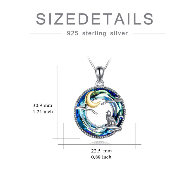 Sterling Silver Two-tone Circular Shaped Cat & Moon Crystal Pendant Necklace-4